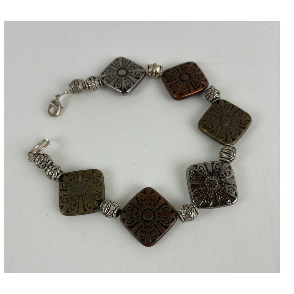 Bracelet Metal Links Silver Copper Squares Barrel Separators Lob. Claw 7" Wrist